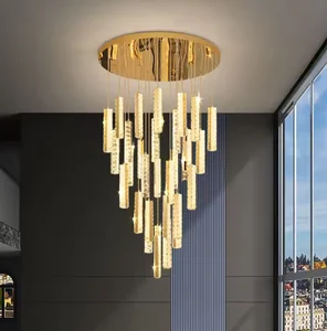 Professional Chandeliers Spiral Staircase Villa Ceiling Luxury Long Gold Led Crystal Pendant Light