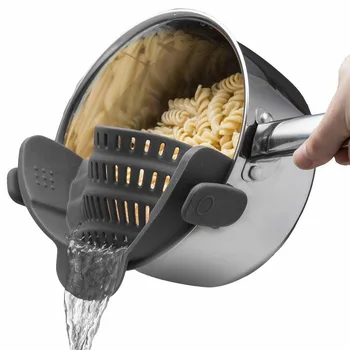 "Silicone pasta strainer with wide mouth, draining device for fruits, vegetables and pasta, filtering clamp for pot edge