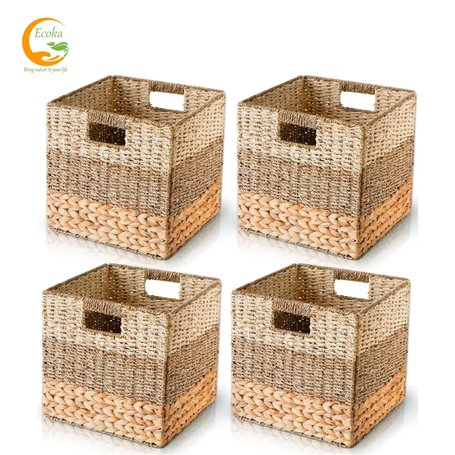 Wicker Storage Cubes with Liners Water Hyacinth Storage Baskets for Shelving, Handwoven Square Baskets with Built-in Handles