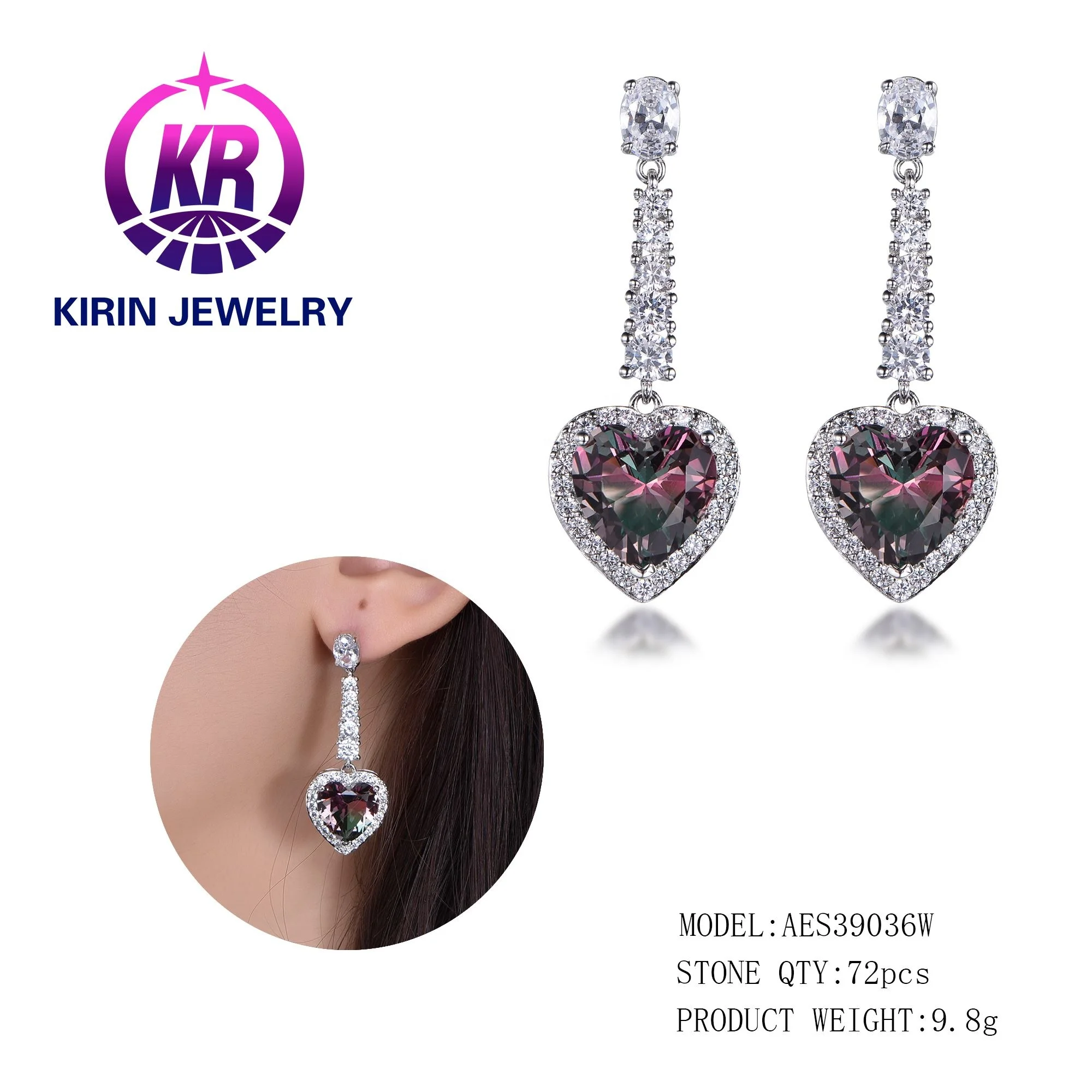 925 silver trendy women jewelry heart shaped cubic zircon earrings Drop earrings for lady dangle earrings