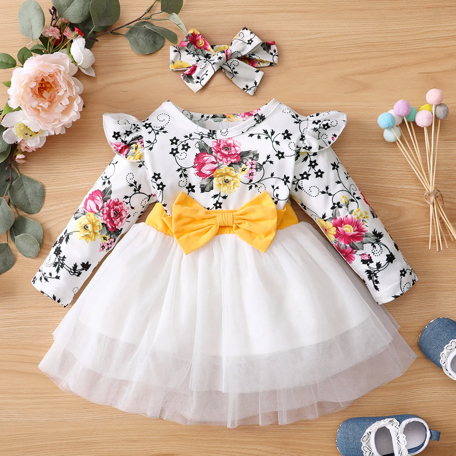 Siyova Vestido de manga larga para niña recién nacido niña estampado de flores cinta para la frente minivestido vestido de princesa vestido floral bebé vestido para niña 
