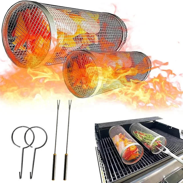 New Round Portable Net Tube Cylinder 304 Stainless Steel Bbq Rolling Grilling Baskets For Outdoor Grilling Bbq Net