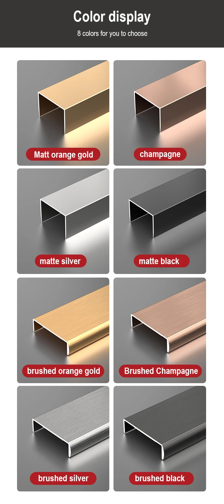 Aluminum/Stainless steel Tile Accessories Corners Tile Trim Metal Floor Aluminum Alloy Edge Trim profile U Shape Tile Trim supplier