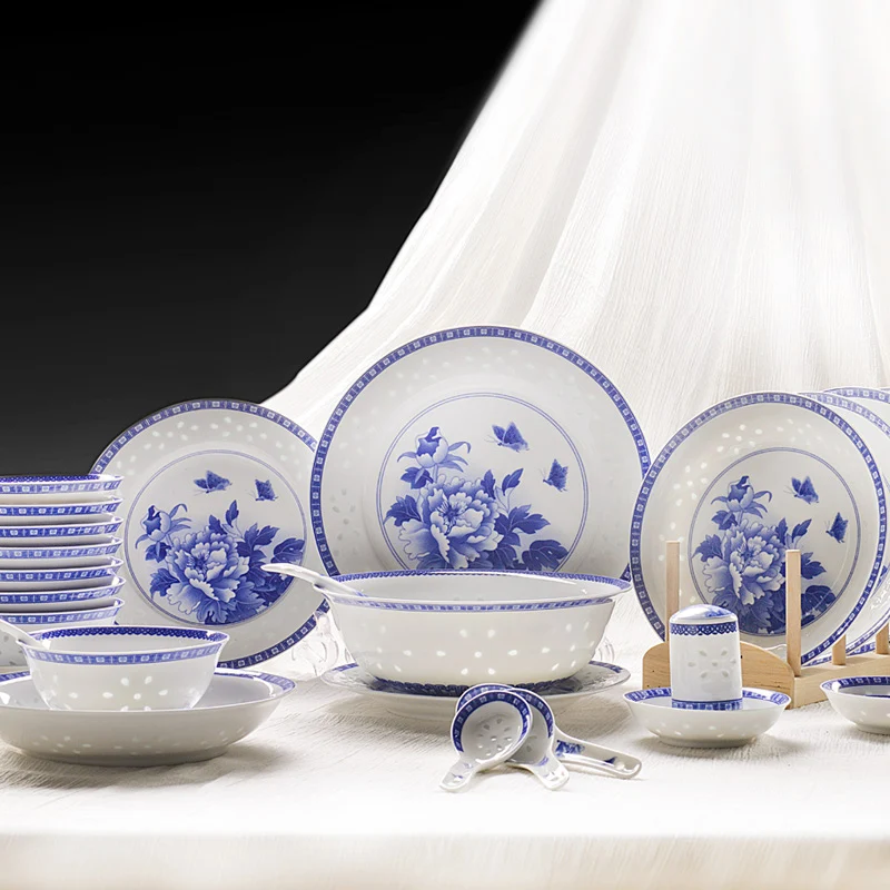 Porcelain Dinnerware Restaurant Plates Dish Set Blue And White Fine Bone China For Party And Wedding