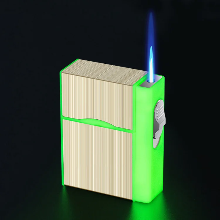 AIRO 2023 New Luminous Cigarette Case Gas Metal Blue Flame Cigarette Case With Lighter