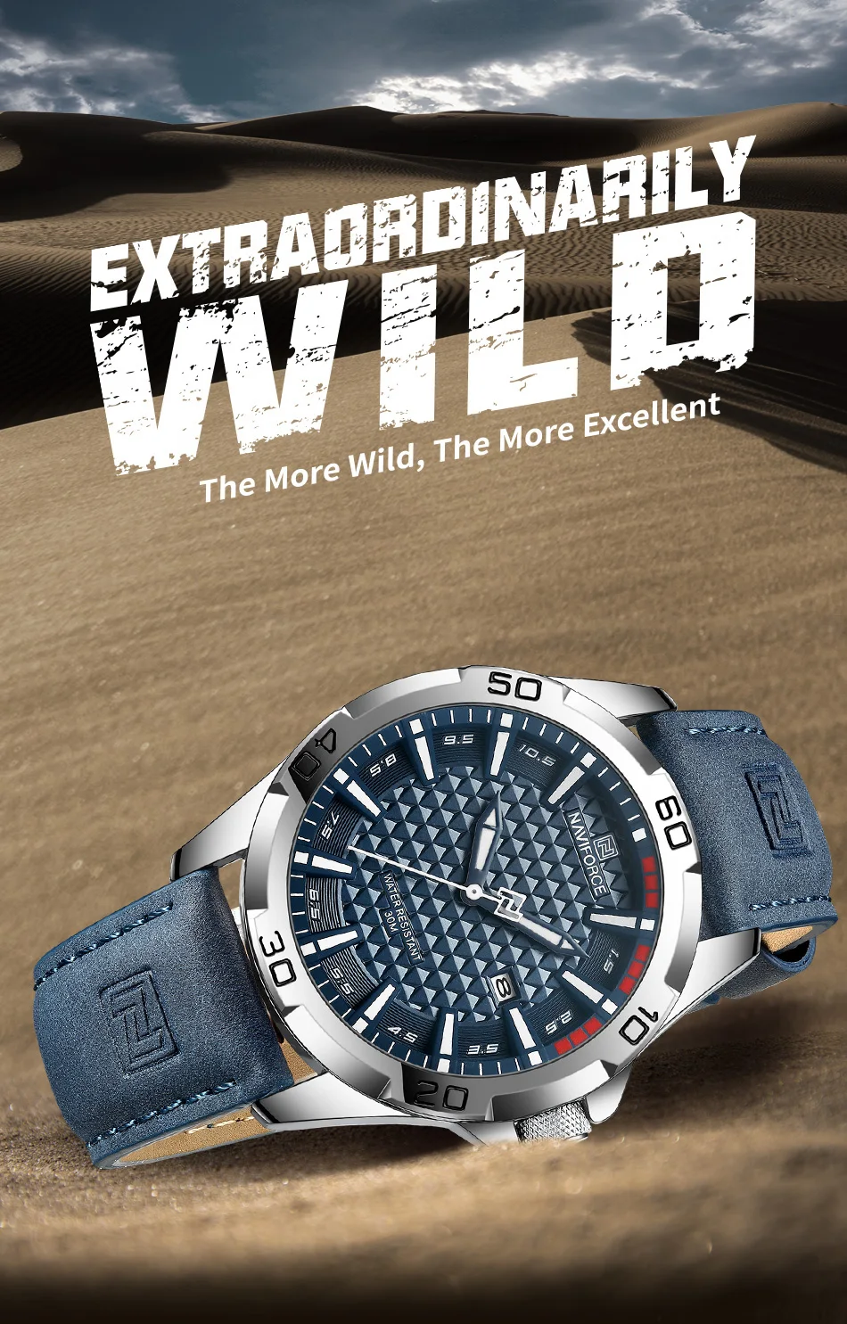 NAVIFORCE 8023 Men Wristwatch Top Brand Luxury Waterproof Watch Blue Genuine Leather Sport Quartz Original Male Clock