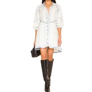 Women's Fashion New Denim Shirt Dress Plus-Size Lantern Sleeve Pleats Denim Dress Bleach Wash Loose High-Low Denim Dresses