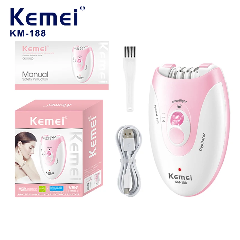 Kemei KM-188, appareil d’épilation corporelle rose, doté de voyants LED intelligents, recharge USB, usage facial, sur les jambes et les bras, épilateur unisexe, destiné aux grossistes