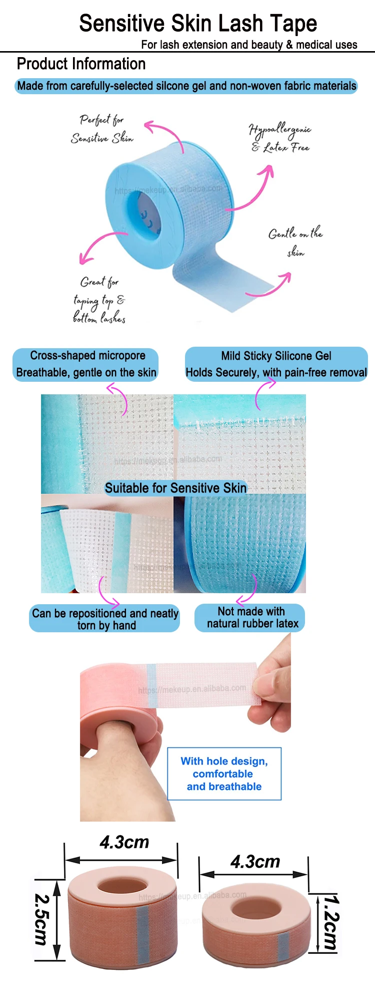 Blue Eyelash Tape For Sensitive Skin Silicone Gel Tape Private Logo Micro Foam Pink Silicon Gel