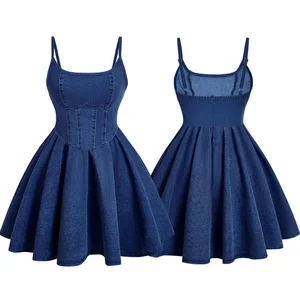 2026 Women's High Waist A-Line Skirt Dress Latest Design Vintage Style Midi Sexy Denim Blue Halter Patchwork for Summer Autumn