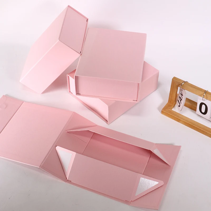 luxury custom design large pink foldable folding paper cardboard gift box packaging with ribbon details