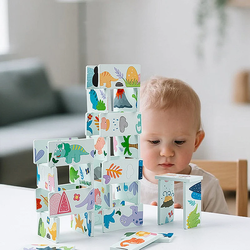 Montessori pädagogisches Dinosaurier-Erkennungs-Domino-Puzzle zum Zuordnen, zur Schulung der Feinmotorik, stapelbare Bausteine aus Holz