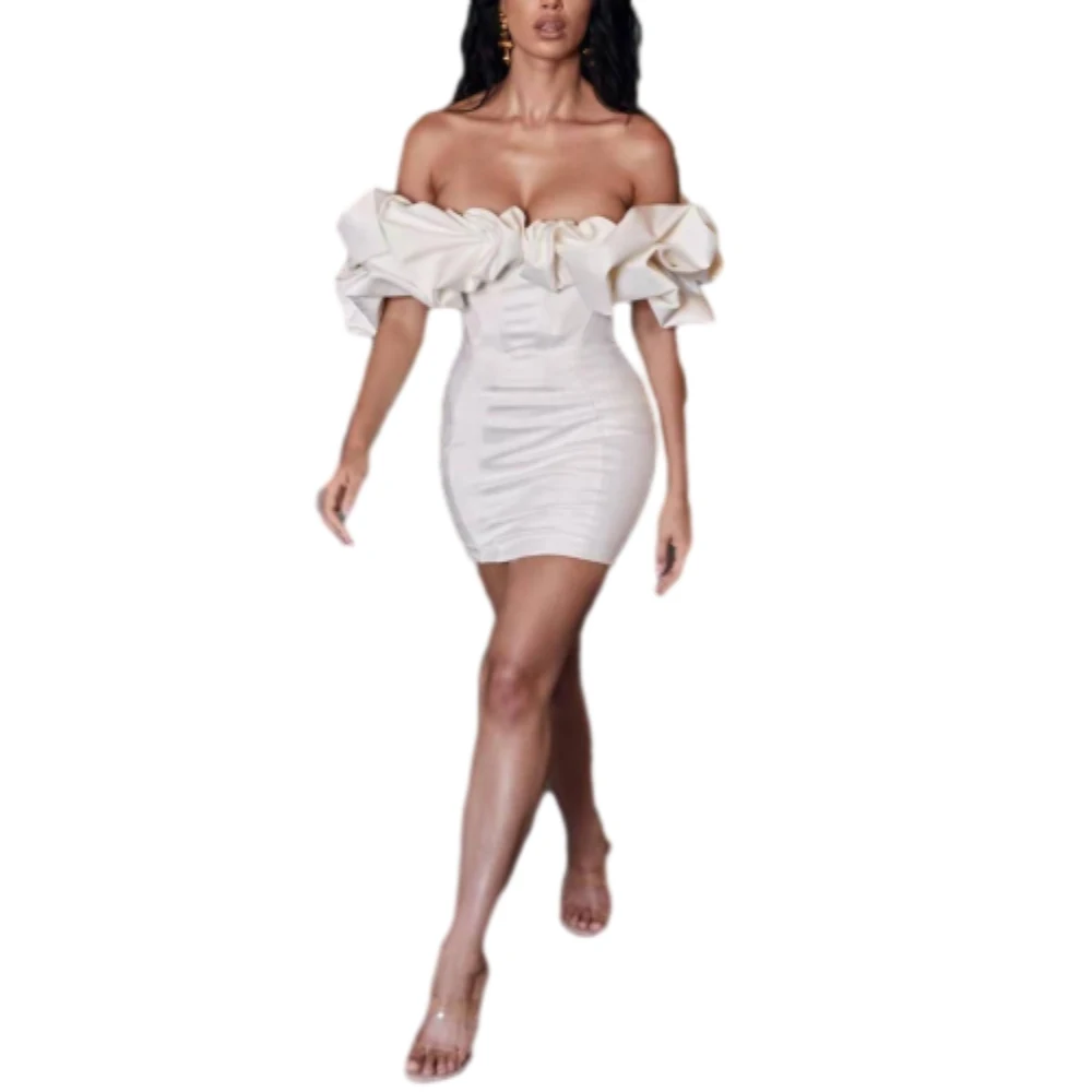 Hot-Selling Glamorous Off-Shoulder Ruffle-Trimmed Bodycon Short Party Dress Eco-Friendly Chiffon Fabric Washable