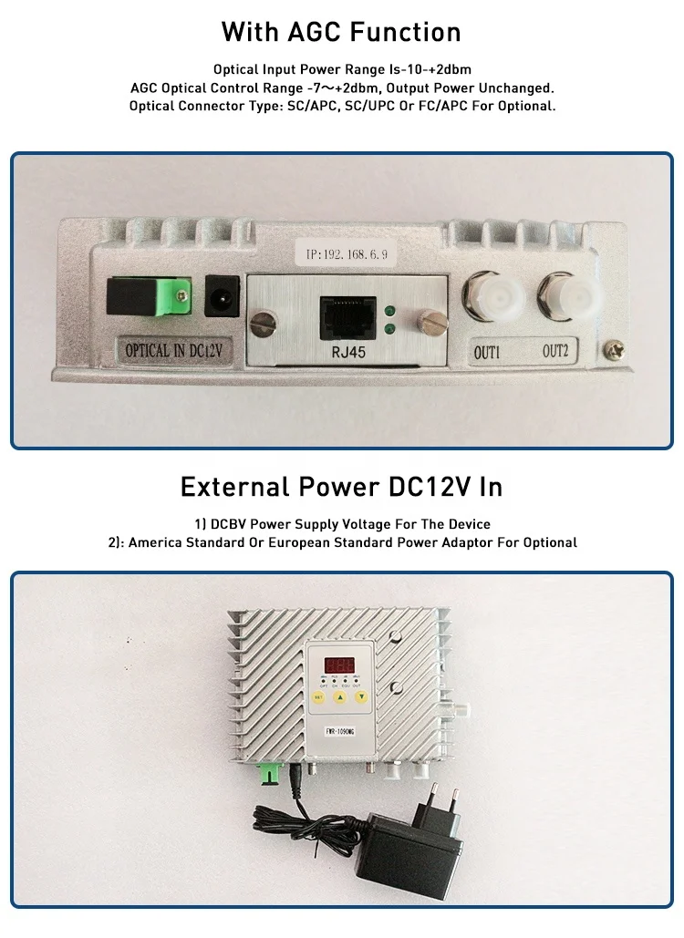 Fullwell Mini FTTB  Building AGC CATV Optical Receiver for Hotel Small Country 2 Outputs 102dBuV Support 1310/1550nm TV signal