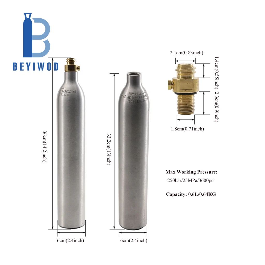 pusty cylinder CO2 o pojemności 0,6 l i masie 425 g, wykonany z aluminium, butelka do napojów gazowanych z zaworem, przeznaczona do szybkiej dostawy
