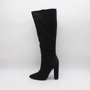 BUSY GIRL HQ1150 Women's Knee High Boots Suede Pointed-toe Chunky High-heeled Knee-high Boots High-top Pleated Boots for Women