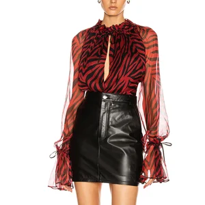 New Fashion Sweet  Silk Stripe Sheer Bell Long Sleeve Ruffled Collar Casual Blouse Women