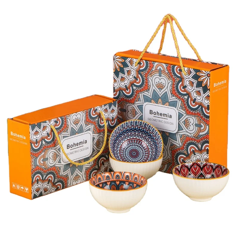 Bohemia Kitchen Ceramic 8inch Dinner Plate 4.5inch Rice Bowl With Chopsticks Set for Household Holiday Gift