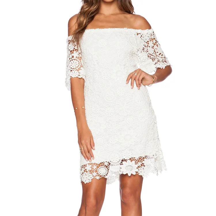 white crochet off shoulder dress