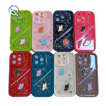 Butterflies pattern with pearl sequin ornament epoxy case for iphone 15 pro max with camera protection