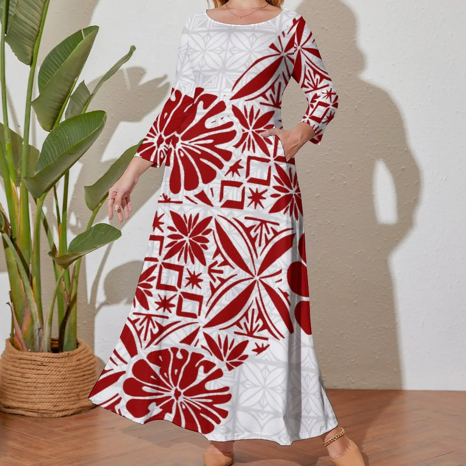 Red Tapa Tradition Print Fall Long Sleeve Crewneck Fashion Dress For