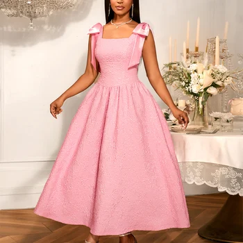 AM050553 Elegant Square Neck Spaghetti Strap Sleeveless Bow Tie Pink Jacquard a Line Maxi Women's Casual Dress
