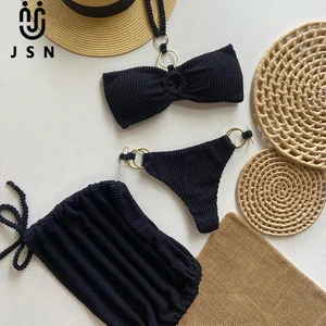 JSN 2026 New Design Customized Halter Women's Bandeau Three Piece Bikini Set with Beach Skirt Textured Sexy Low Waist Swimwear