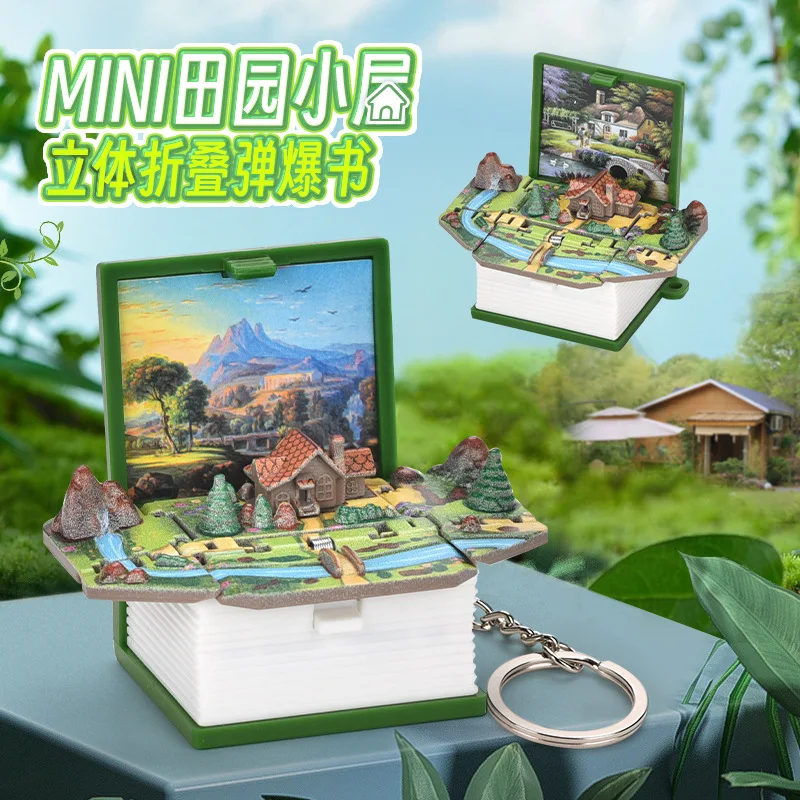 Factory Direct Novelty 3D Mini Book Key Chain Portable Folding Mini Surprise Exploding Books Toys Key Chain for Kids