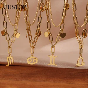 12 Constellations Necklace Zodiac Signs Charms Heart Pendant 18K Gold PVD Chain Link for Women Jewelry Gift Stainless Steel