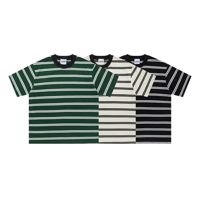 Unisex High-quality Retro Striped T-shirt with O-neck and Oversized Round Neck. Custom logo Men's Blank Cotton T-shirt.