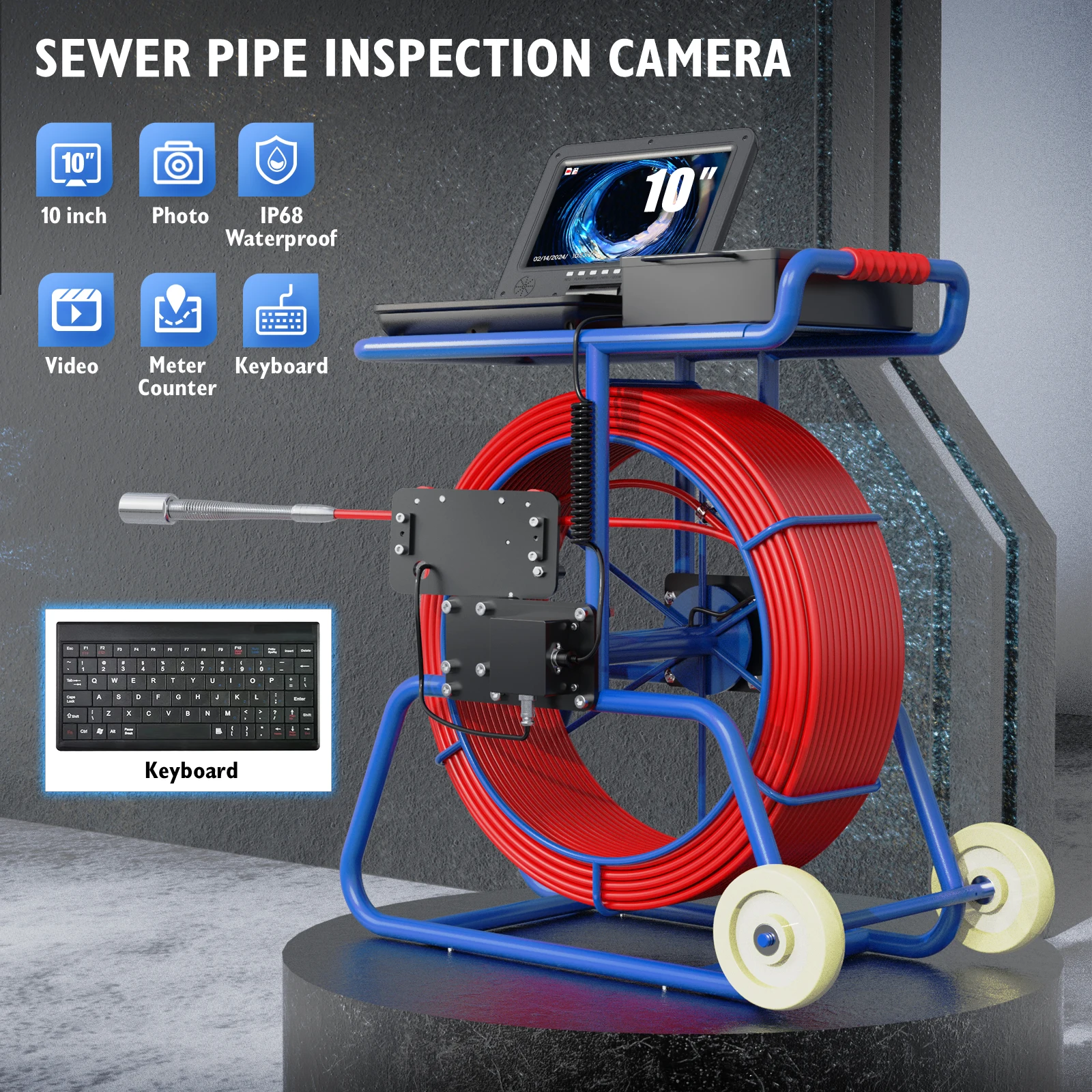9mm Cable Sewer Pipe Inspection Camera 10 Inch Ips 1080p Screen And