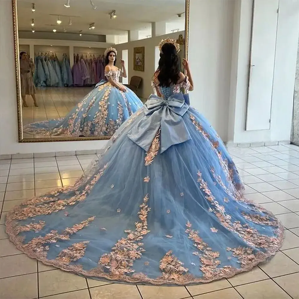 blue and pink 15 dresses Sky Lace Off Shoulder Weet 16 Dress Vestidos De Anos Ball Gown Quinceanera Mq759 Color:Pink A Black Dress Shirt with date-dress Light pink flowers up back ensures a