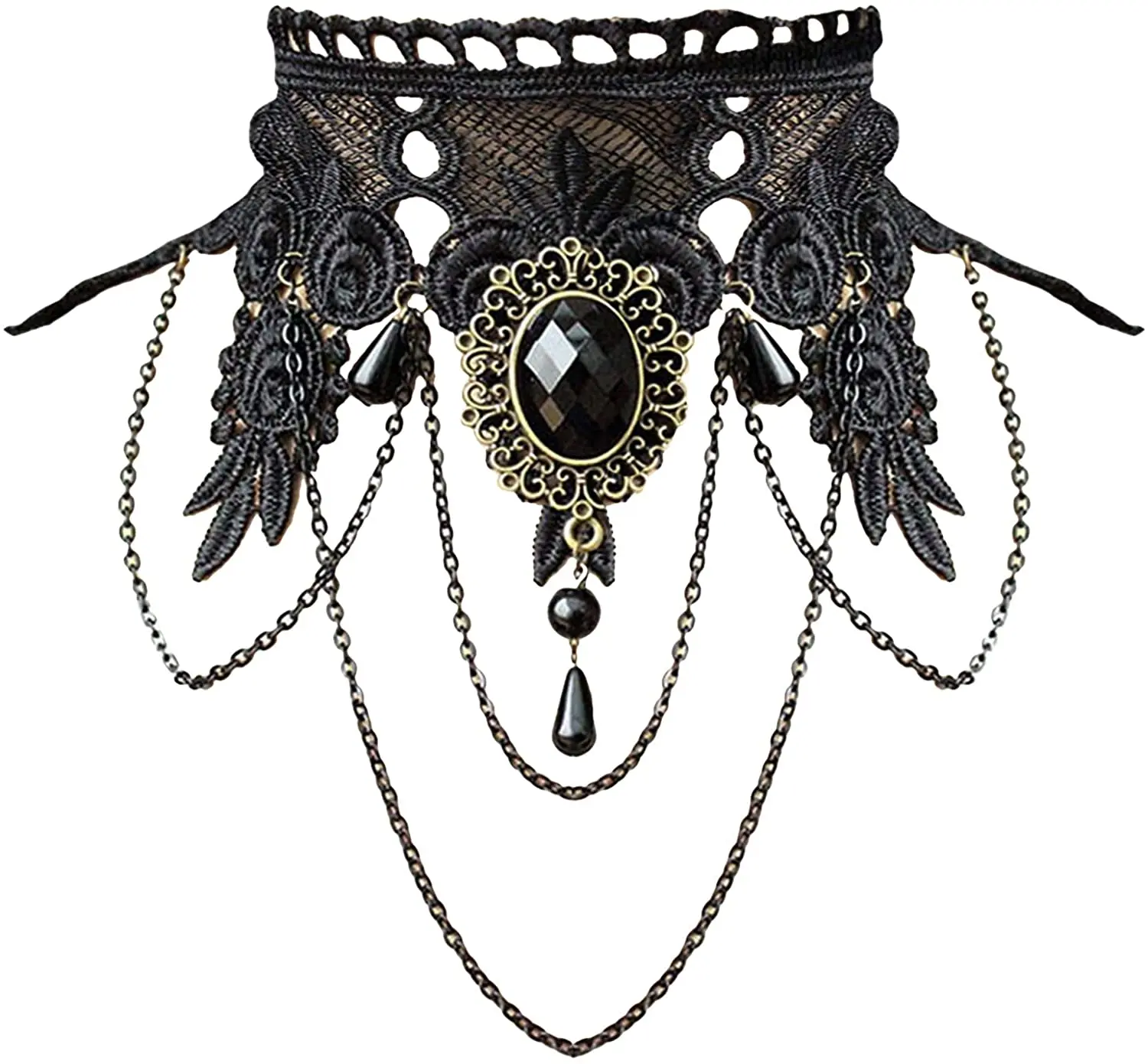 Vintage Royal Court Trend Gothic Lolita Black Lace Pearl Chain