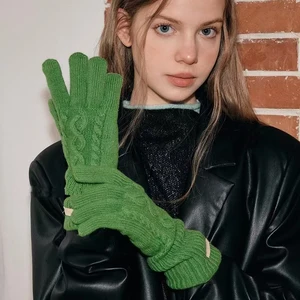 Autumn and Winter Warm Unisex High-end Thickened 100% Wool Elastic Striped Twist Wrist-length Needle Detection Outdoor Gloves