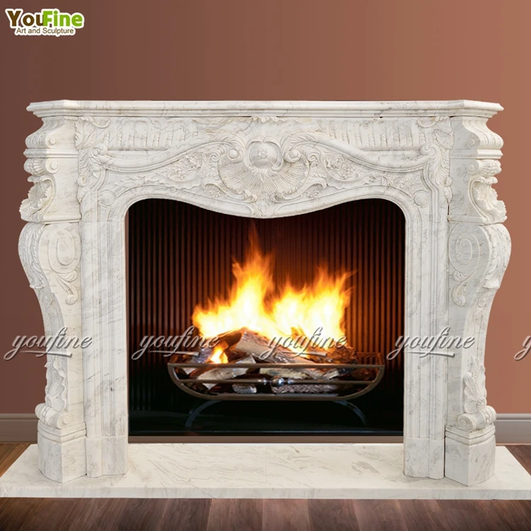YouFine Hand Carved Natural White Marble Fireplace Mantel Arched French Style Figured Statue Fireplace Surround Luxury Decor