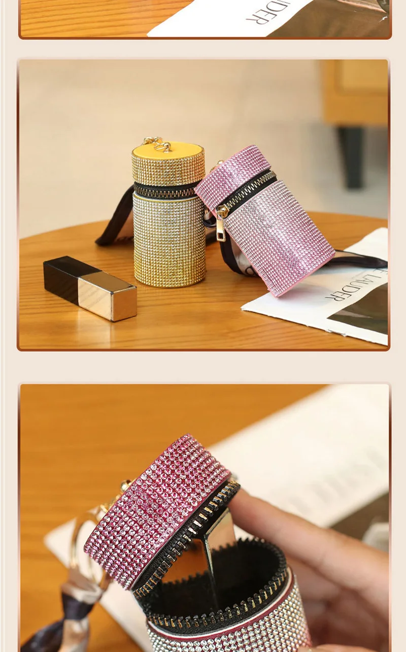 Mini Glitter Lipstick Bag Pocket Leather Keychain Lipstick Bucket Bag ...