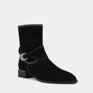 Elegant Western-Style Ankle Boots with Chunky Block Heel & Buckle Strap Detail Korean Classic Suede Bootie for Autumn