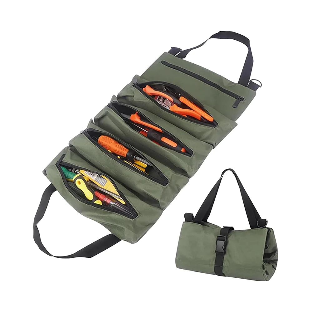 Bolsa resistente impermeable de tela Oxford con cremallera, bolsa organizadora portátil enrollable para herramientas, para mecánicos, electricistas y reparadores - Verde