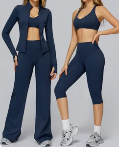 Wholesale Women's Active Wear Gym Sportswear Custom Logo Jackets With Tight Cropped Pants Fitness 5 Piece Yoga Sets