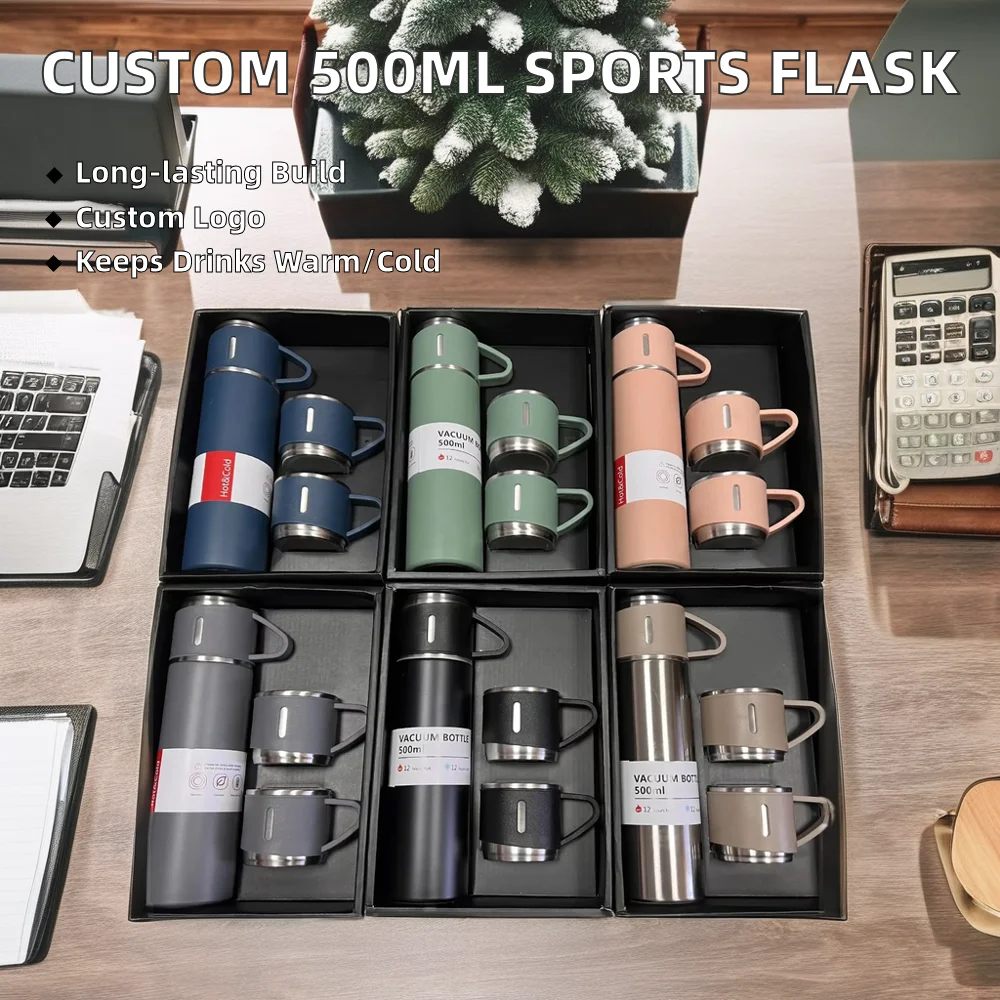 Custom Logo 500ml Stainless Steel Business Cup Set Double-Wall Vacuum Flask Mug 3 Lids Food Cold One Water Bottle Gift Box Set
