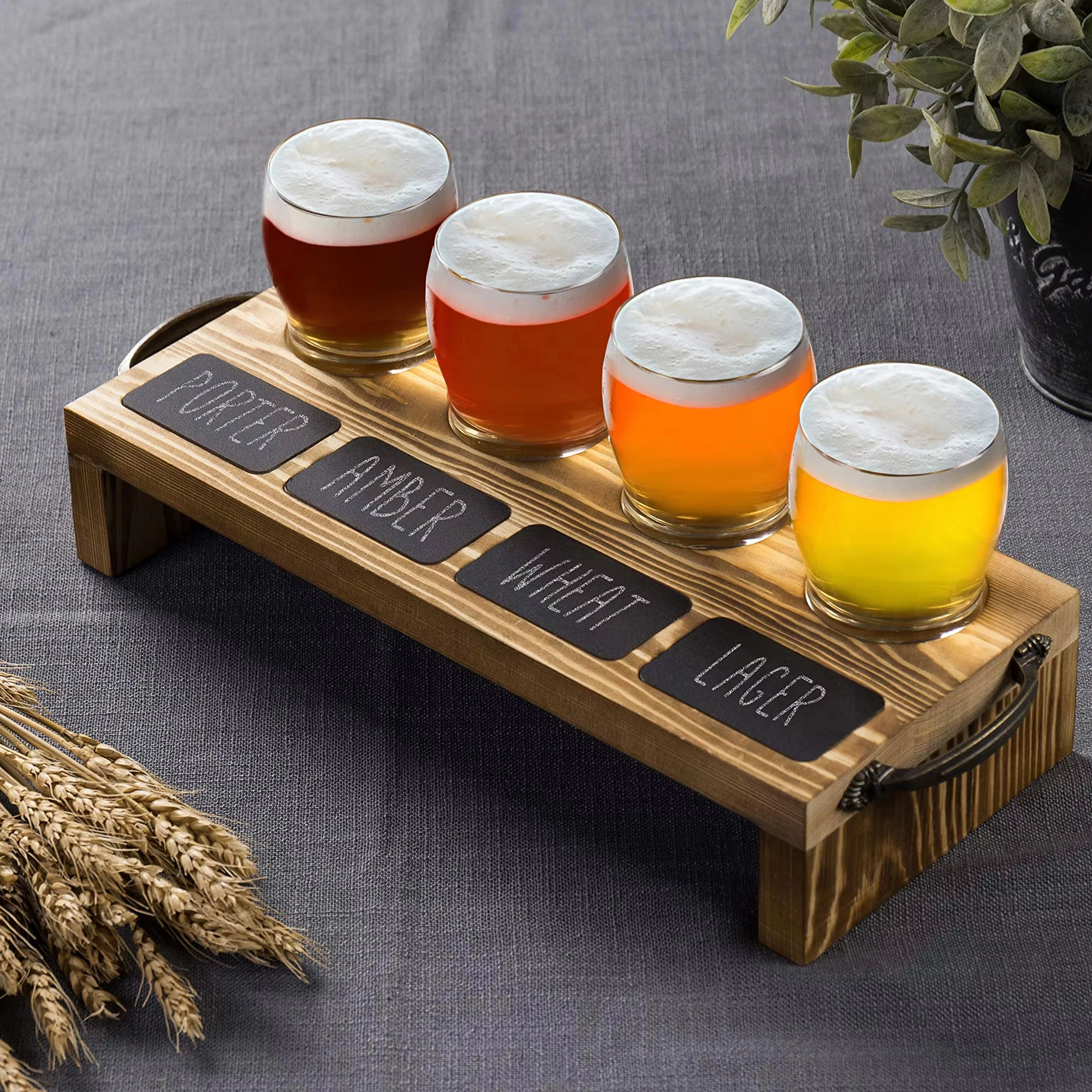Custom Wood Beer Flight Tray with Metal Handle Chalkboard Labels 4-Glass Beer Tasting Sampler Set with Beer Serving Paddle