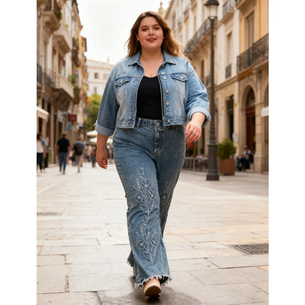 Chic Floral Embroidered Women's Jeans Trendy High Waist Wide Leg Denim Pants Fashion Casual Loose Trousers