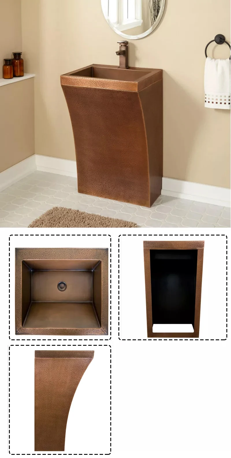 Luxury Design Copper Pedestal Sink Freestanding Metal For Hotel