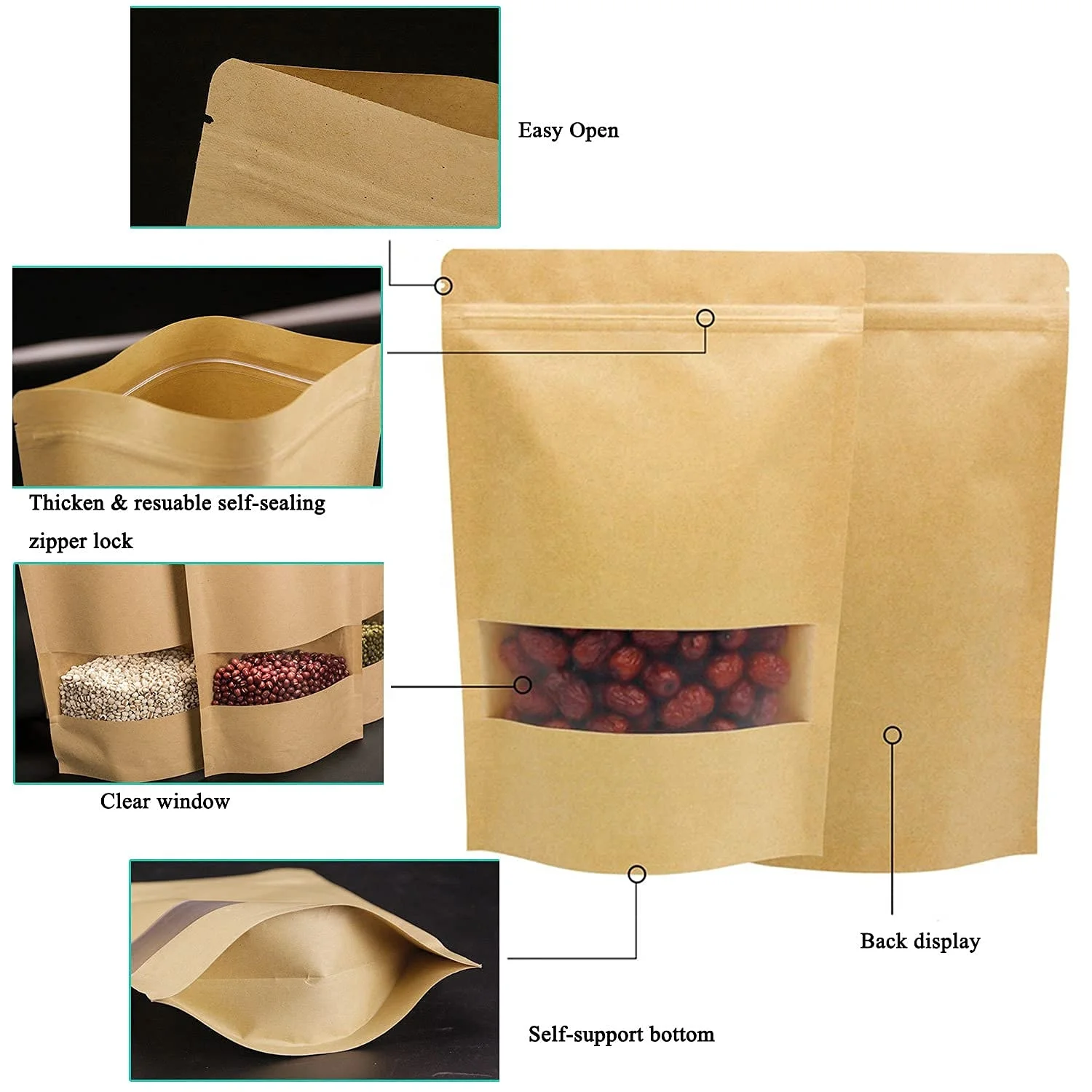 Custom Kraft Paper Coffee Bags with Moisture Proof Window Promotional Ziplock Edible Pouch for Food Tea Stand Packaging Pet Food