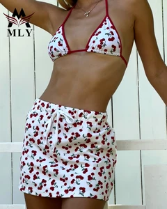 MLY Ruffle Bikini Summer Two Piece Suit Sexy Swimwear Bandage Biquini Triangle Swimsuit Printed Bathsuit