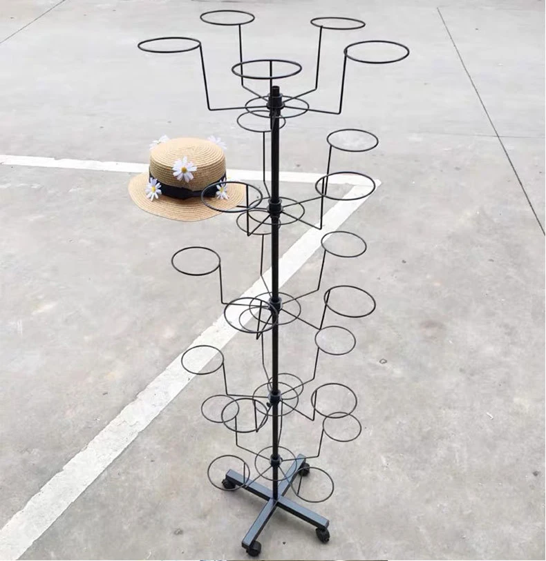 Factory Customized 5 Layers Movable Wheeled Rotating Floor Stand Supermarket Store Hat Cap Iron Display Rack