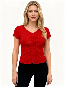 High Quality Fashion V Neck Short Sleeves Cuff/Bottom Edge Scalloped Details Ruched Ruffle Design Elegant Crop Tops