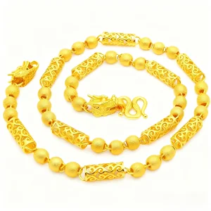 Exquisite Gold Plated Dragon Head Chain with Hollow Cylinder and Bead Design Fashionable Jewelry for Men Gift Collection