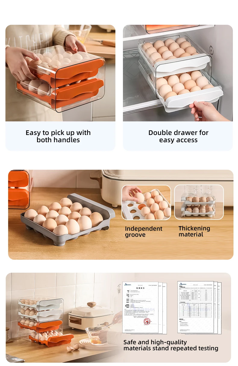 Wannuo Kitchen 32 Capacity 2-layers Egg Box Drawer Type Refrigerator Egg Organizer Stackable Plastic Egg Box supplier