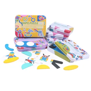 Custom Designs Children's Fun Tangram Animal Puzzle Wooden Toys Juguetes Iron Box Geometric Shape Board for Kids Boys Girls